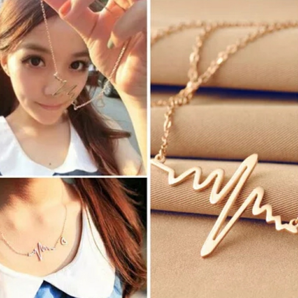Gold Tone Heartbeat Rhythm Love EKG Necklace - Picture 3 of 4